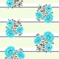 Seamless pattern of blue flowers on a light green background with white and gray horizontal stripes. Watercolor Royalty Free Stock Photo