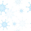 Seamless pattern blue geometric snowflakes stars different sizes on white background. Flat style winter holiday and Happy New Year Royalty Free Stock Photo
