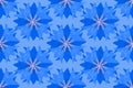 Seamless pattern, blue geometric stylized cornflower flowers, in a simple pattern on a blue background. Bright ornament.