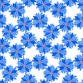 Seamless pattern, blue geometric stylized cornflower flowers, in a simple pattern on a white background. Bright ornament