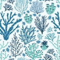 Seamless pattern with blue and green corals and seaweed. Backdrop with seabed species, underwater flora and fauna Royalty Free Stock Photo