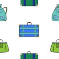 Seamless pattern with blue and green travel suitcases, valise and hiking backpack in cartoon style on white background