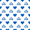 Seamless pattern blue hand drawn hearts on white background isolated, watercolor painted heart repeating ornament, love wallpaper