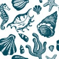 Seamless pattern with blue hand drawn seashells. Marine background. Vector vintage texture with seashells, coral, sea horse. Royalty Free Stock Photo