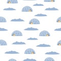 Seamless pattern of blue igloo. White winter background. Hand drawing icehouse. Eskimo house. Winter card.