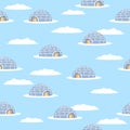 Seamless pattern of blue igloo. White winter background. Hand drawing icehouse. Eskimo house. Winter card.