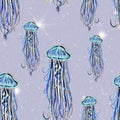 SEAMLESS PATTERN WITH BLUE JELLYFISHES ON LILAC BACKGROUND