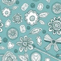 Seamless pattern with blue lace, diamonds, flowers, leaves. Vector Royalty Free Stock Photo