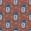 Seamless pattern with blue lantern with burning candle. Vector