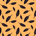 Seamless pattern with blue leaves on beige backdrop. Bright tropical background