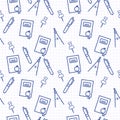 Seamless pattern with blue line art icon of notebook, compasses, pen and compasses on notebook page background. Royalty Free Stock Photo