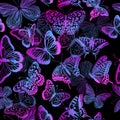 Seamless pattern blue neon butterflies. Vector illustration