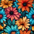 Seamless pattern of blue, orange and red flowers