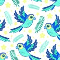 Seamless pattern with blue parrots and leaves. Vector Royalty Free Stock Photo