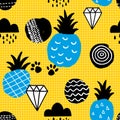 Seamless pattern with blue pineapples on striped yellow background.