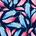 Blue and pink bird feathers on a dark blue background. Hand-drawn watercolor feathers. Royalty Free Stock Photo