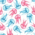 Seamless pattern with blue and pink jellyfish on a white background. Watercolor hand drawn illustration. Sea creatures Royalty Free Stock Photo