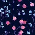 Seamless pattern with blue and pink stylized berries.