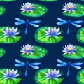 Seamless pattern. Blue pink water lilies on green leaves and dragonfly. Hand drawn watercolor illustration. On dark blue