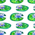 Seamless pattern. Blue pink water lilies on green leaves. Hand drawn watercolor illustration. On white background.