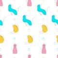 Seamless pattern with blue, pink and yellow cats. Vector Line art kittens