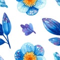 Seamless pattern with blue plants. Stylized  flowers and leaves. Royalty Free Stock Photo