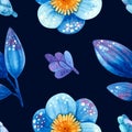 Seamless pattern with blue plants. Stylized flowers and leaves. Wallpaper, wrapping paper design, textile, scrapbooking, digital