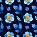 Seamless pattern with blue plants. Stylized flowers and leaves.