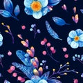 Seamless pattern with blue and purple cosmic plants. Stylized feathers, flowers, leaves, berries with symbols of stars and the moo Royalty Free Stock Photo