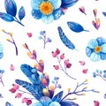 Seamless pattern with blue and purple cosmic plants. Stylized feathers, flowers, leaves, berries with symbols of stars and the moo Royalty Free Stock Photo