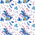Seamless pattern with blue and purple cosmic plants. Stylized feathers, flowers, leaves, berries with symbols of stars and the moo Royalty Free Stock Photo