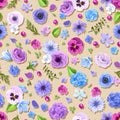 Seamless pattern with blue and purple flowers. Vector illustration. Royalty Free Stock Photo