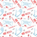 Seamless pattern in blue and red colors with medical gloves, syringe, glass tube container for analysis, pills, capsules on white Royalty Free Stock Photo