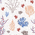 Seamless pattern with blue and red corals, seaweed or algae. Backdrop with sea species, ocean flora and fauna, exotic Royalty Free Stock Photo