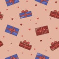 A seamless pattern with blue and red gift boxes and hearts on a pink background for printing on fabric or paper, a vector stock Royalty Free Stock Photo
