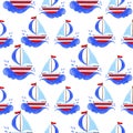 Seamless pattern blue and red yacht with sails, sailing on the waves. Royalty Free Stock Photo