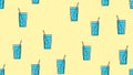 Seamless pattern of blue repeating alcoholic cocktails in a glass with ice and a straw on a yellow background. Vector illustration Royalty Free Stock Photo