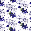 Seamless pattern with blue roses, leafs, gift box, hearts