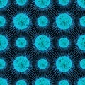 Seamless pattern. Blue round virus microbe on a black background. In the style of realistic texture abstraction. Royalty Free Stock Photo