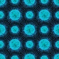 Seamless pattern. Blue round virus microbe on a black background. In the style of realistic texture abstraction. Royalty Free Stock Photo