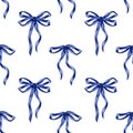 Seamless pattern of blue satin bows made of thin smooth ribbon. Decorations for holidays, birthdays. Decorative element for