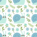 Seamless pattern of blue snail, flowers and green leaf on white background vector illustration. Royalty Free Stock Photo