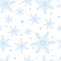 Seamless pattern with blue snowflakes on white background. Flat line snowing icons, cute snow flakes repeat wallpaper Royalty Free Stock Photo