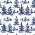 Seamless pattern with blue snowy forest pine trees.