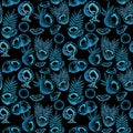 seamless pattern in blue - split, whole nuts, pieces of coconut, palm leaves. Tropical fruits, cocktail glasses. Royalty Free Stock Photo