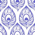 seamless pattern of blue stylized peacock feathers on a white background