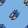 Seamless pattern of blue suede man`s mocassin shoes over blue background