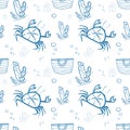 Seamless pattern Blue summer bag with stripes and crab, seaweed