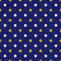 Seamless pattern, blue texture or background with silver gray and yellow golden polka dots on blue background