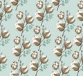 Seamless pattern in blue tones from hand drawn cotton branches.